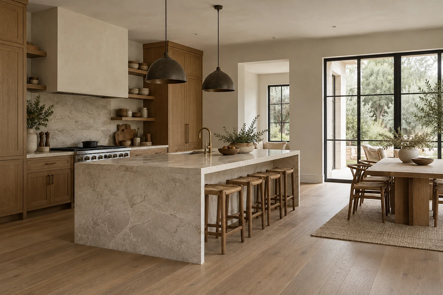 AI-generated illustrative oak kitchen with a limestone island and garden-facing dining space