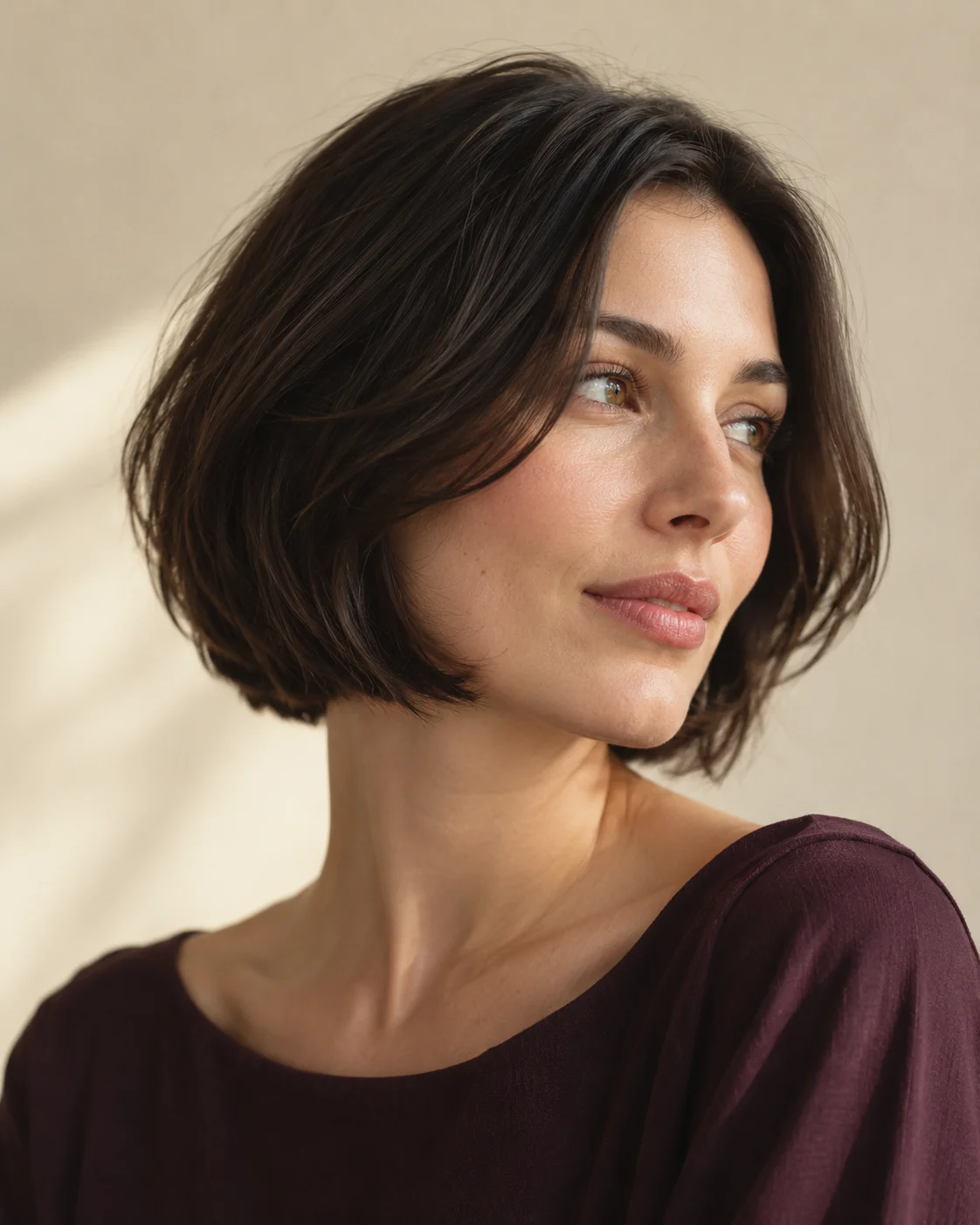 AI-generated editorial illustration of a fictional model with a glossy chin-length bob