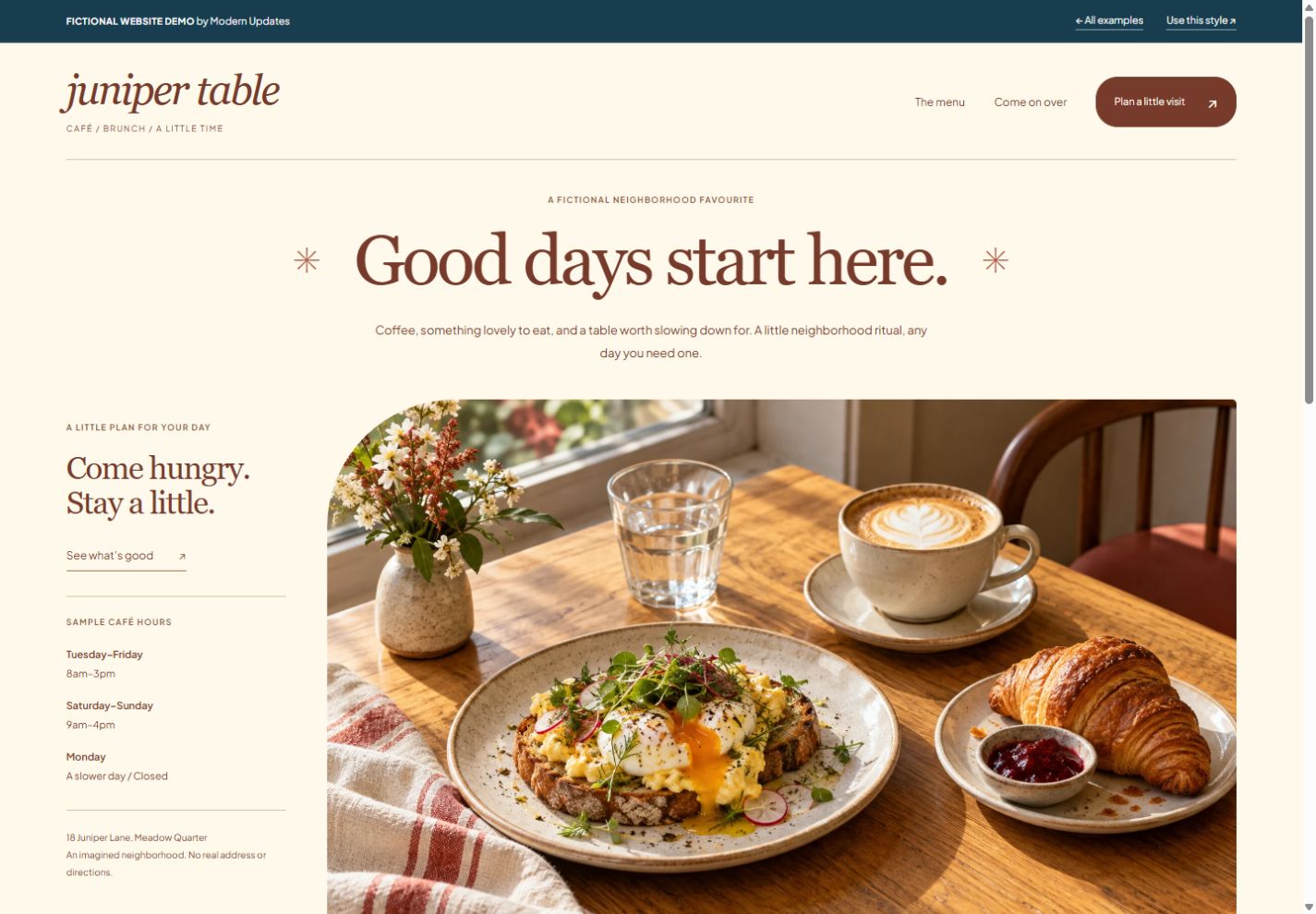 Juniper Table Café actual fictional website screenshot
